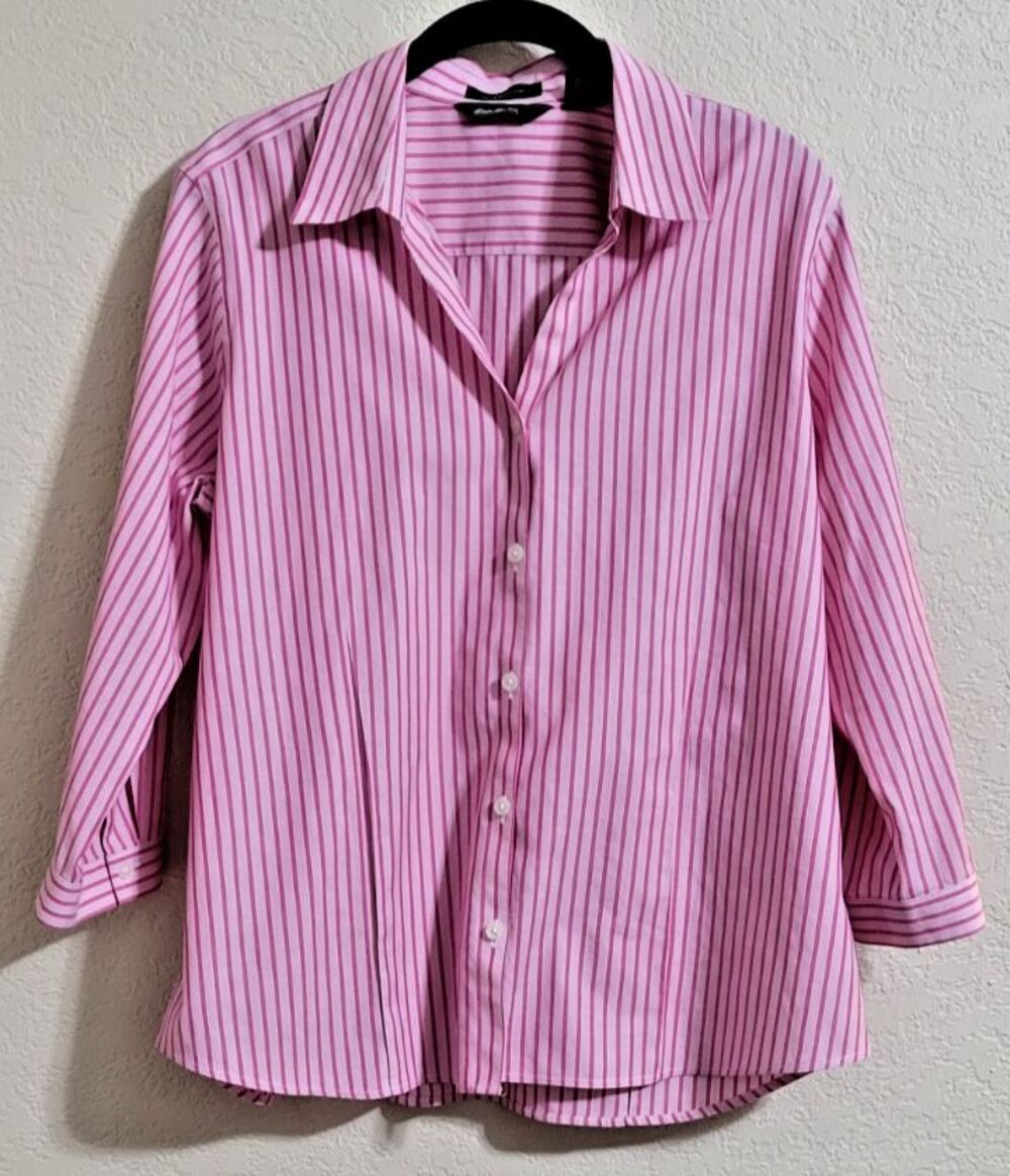 Eddie Bauer Women's Dress Shirt Large Stretch Wrinkle Resistant Pink Stripes